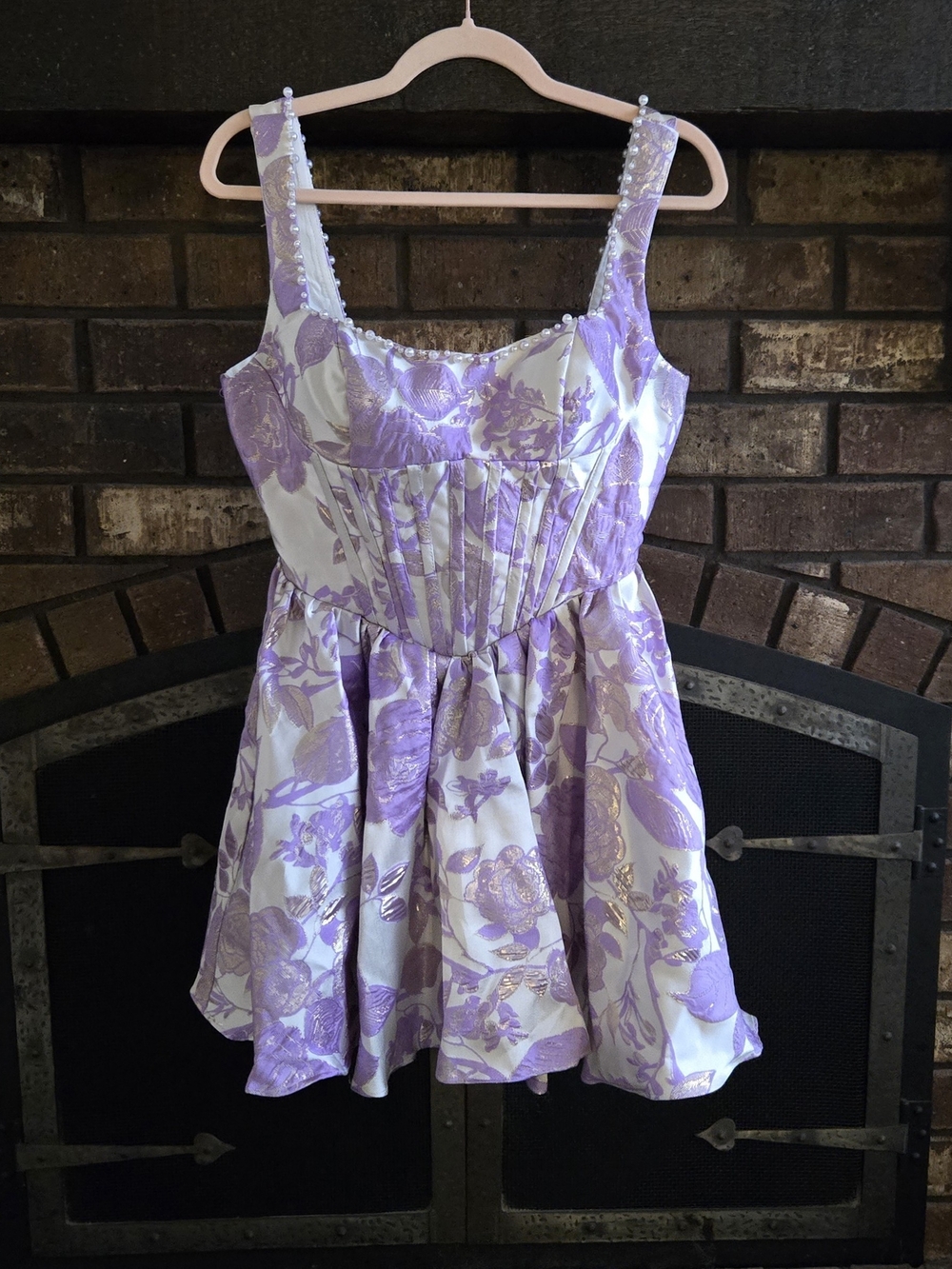 Lilac And Gold Floral Fit-and-Flare Dress with Pearl Detail